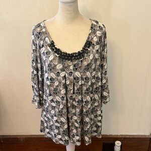 apostrophe black brown white beaded 3/4 length sleeve blouse Size XL EUC